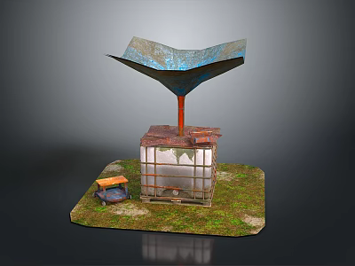 Scene Construction With Metallic Canopy Square Building And Orange Object On Green Grass 3d model