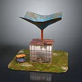 Scene Construction With Metallic Canopy Square Building And Orange Object On Green Grass