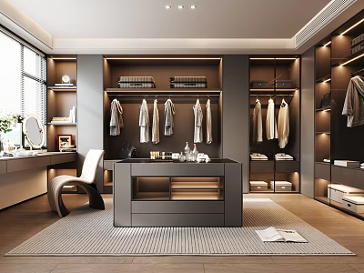 Modern Walk in Closet Interior With Dressing Table And Wardrobe 3d model