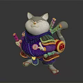 Anthropomorphic Cat Game Movie Character In Purple Outfit With Swords And Decorative Backpack