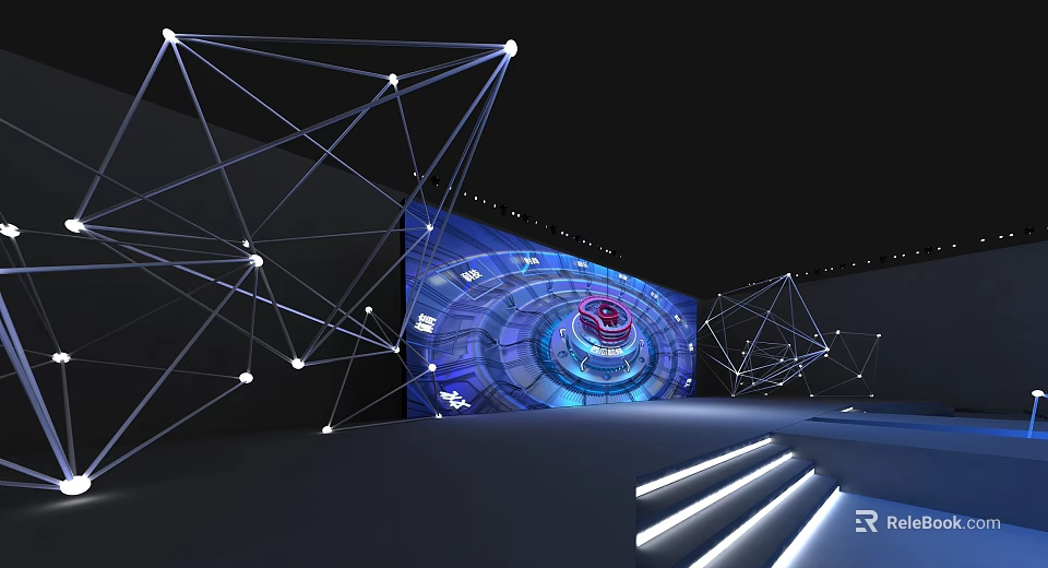 Modern Tech Inspired Ballroom with Geometric Lines Blue Red Circular Installation and Illuminated Steps 3d model 