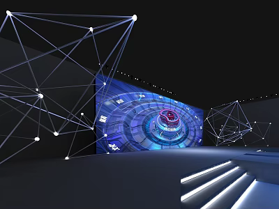 Modern Tech Inspired Ballroom with Geometric Lines Blue Red Circular Installation and Illuminated Steps 3d model
