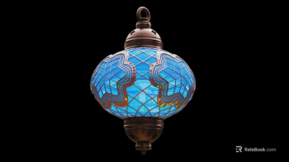 Stained Glass Lantern With Intricate Blue Patterns And Brass Metal Frame 3d model 