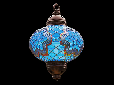Stained Glass Lantern With Intricate Blue Patterns And Brass Metal Frame 3d model