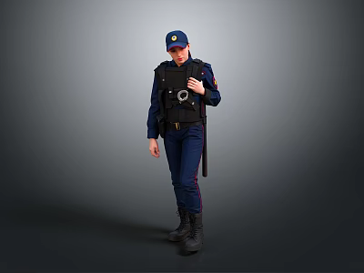 Security Personnel In Dark Blue Uniform With Cap And Bulletproof Vest Standing 3d model