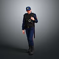 Security Personnel In Dark Blue Uniform With Cap And Bulletproof Vest Standing
