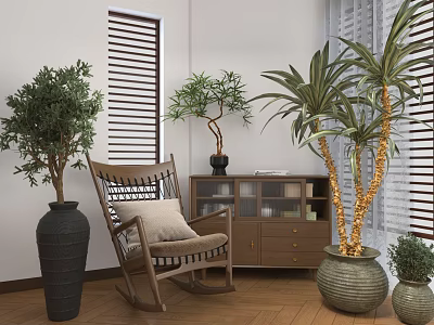 Cozy Home Balcony With Rocking Chair Green Plants And Wooden Floor 3d model