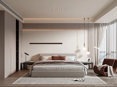 Modern Bedroom Interior With Platform Bed Pillows Pendant Lights Area Rug And Accent Chair 3d model