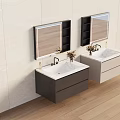 Modern Double Washbasin Vanity With Mirrors Black Shelves White Countertops And Colored Cabinets