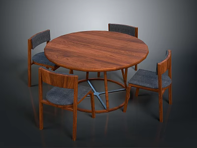 Round Wooden Dining Table With Four Chairs Gray Padded Seats And Wooden Frame 3d model
