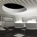 SWEET Exhibition Booth With White Wavy Design Tables Chairs Display Areas And Lighting Effects