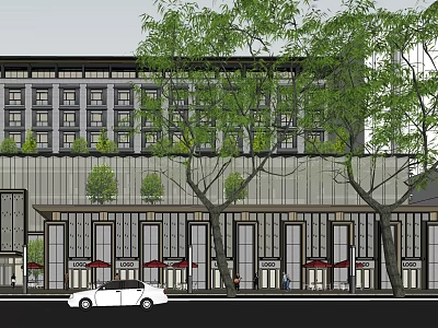 Modern Building Exterior With Glass Curtain Wall Trees And White Car On Street 3d model