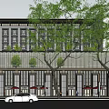 Modern Building Exterior With Glass Curtain Wall Trees And White Car On Street
