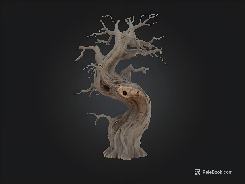 Twisted Dead Tree Sculpture With Hollow Holes And Black Background 3d model 