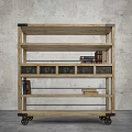 Industrial Wooden Shelving Unit With Wheels Storage Baskets And Books Against Concrete Wall