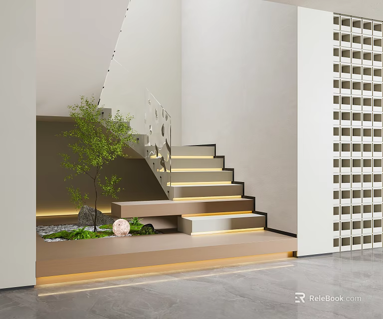 Modern Spiral Staircase Interior Design With LED Lighting Green Plant And Minimalist Walls 3d model 