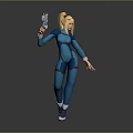 3D Render of Blonde Female Character in Blue Bodysuit Holding Gun and Wearing Roller Skates