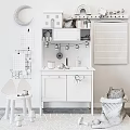 Kids Play Kitchen Setup With Alphabet Poster Decorative Moon And Mini Stools 3d model