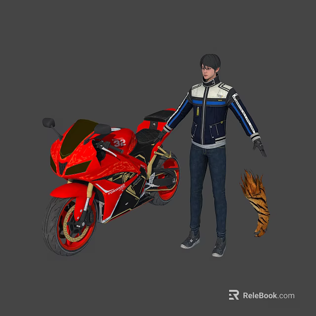 Character With Tiger Tail Standing Next To Red Sports Motorcycle In Jacket Pants 3d model 