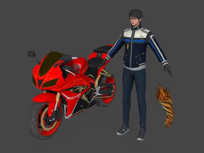 Character With Tiger Tail Standing Next To Red Sports Motorcycle In Jacket Pants 3d model