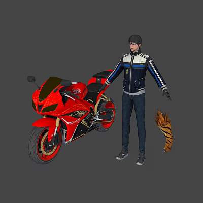 Character With Tiger Tail Standing Next To Red Sports Motorcycle In Jacket Pants 3d model