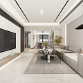 Modern Living Dining Room Interior With Sofa Coffee Table TV Wall And Plants