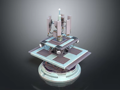 Modern Tech Device Structure With Circular Base Square Platform Vertical Columns And Top Antenna 3d model