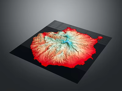 Scenic 3D Terrain Model with Red Green Mountains and Blue Lakes in Grid Background 3d model