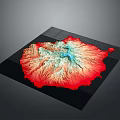 Scenic 3D Terrain Model with Red Green Mountains and Blue Lakes in Grid Background