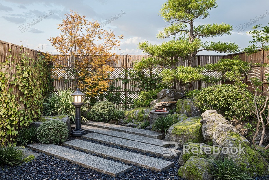 Japanese style courtyard landscape sketch stone strip stone shape pine stone lamp water portland green plant pile model