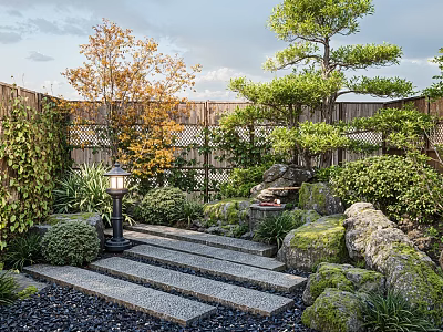 Serene Courtyard Garden With Stone Steps Stone Lantern Mossy Rocks And Lush Green Plants 3d model