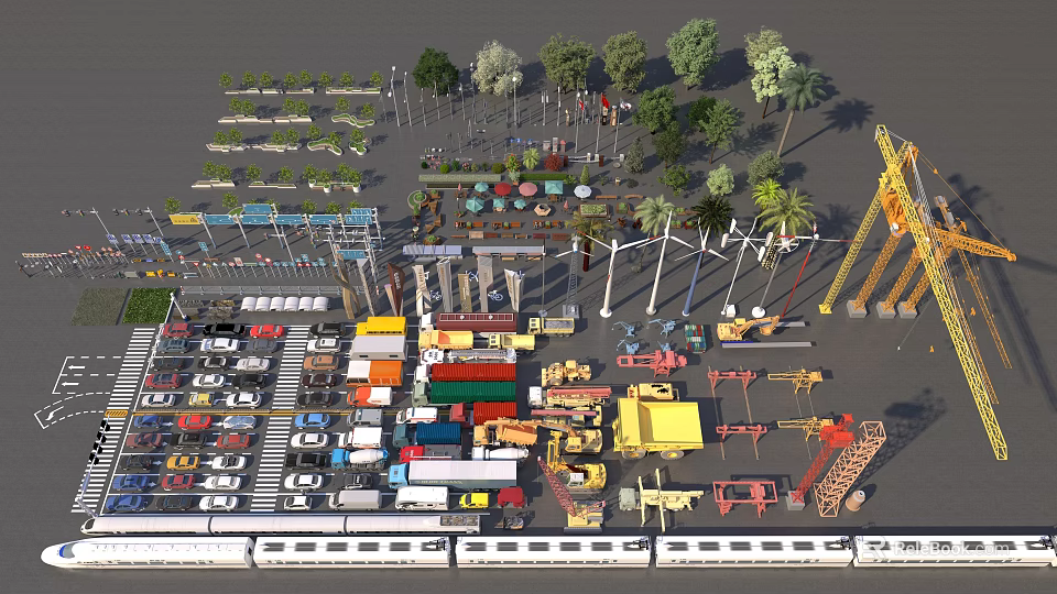 Comprehensive Road Infrastructure With Vehicles Cranes Street Lights Trees And Traffic Signs 3d model 