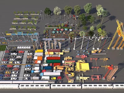 Comprehensive Road Infrastructure With Vehicles Cranes Street Lights Trees And Traffic Signs 3d model