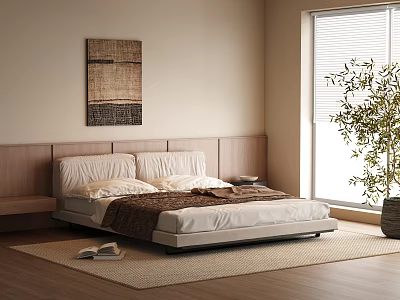 Modern Bedroom Interior With Wooden Headboard Bed Area Rug Potted Plant And Wall Art 3d model