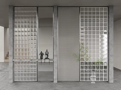 Modern Room Divider With Grid Metal Frame Glass Panels And Indoor Plant In Living Area 3d model