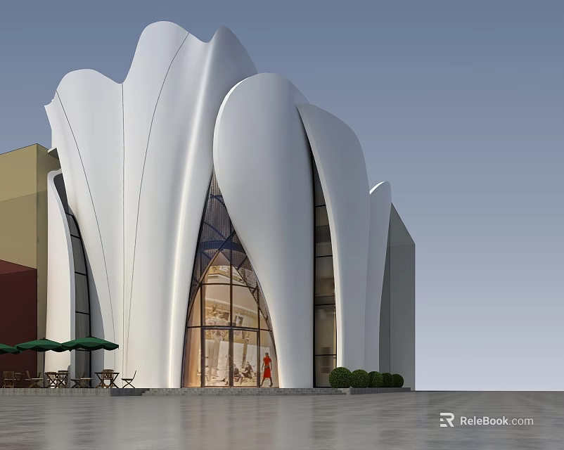 White Petal Shaped Modern Cultural Center Building With Glass Facade And Main Entrance 3d model 