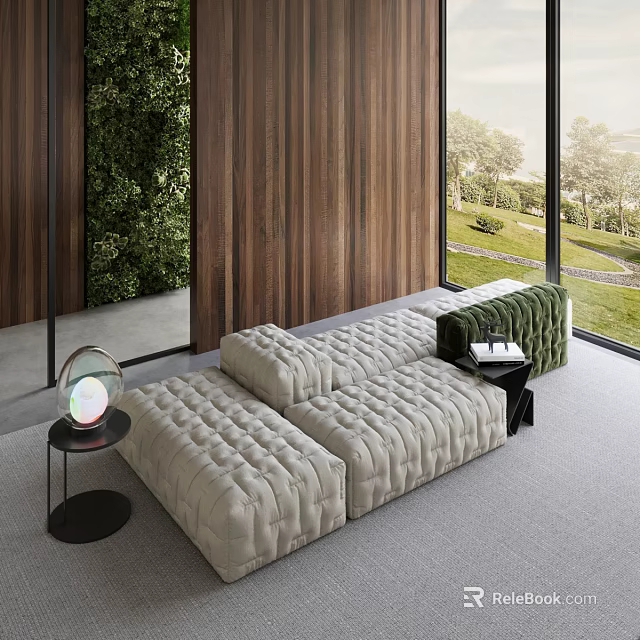 Plush Beige Tufted Sofa and Coffee Table Set with Wooden Wall Large Windows Green View 3d model 