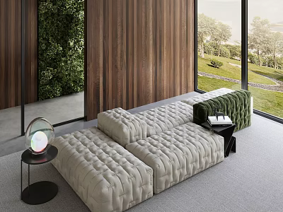 Plush Beige Tufted Sofa and Coffee Table Set with Wooden Wall Large Windows Green View 3d model