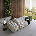 Plush Beige Tufted Sofa and Coffee Table Set with Wooden Wall Large Windows Green View
