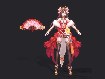 Fantasy Character In Red Elaborate Costume With Decorative Fan And Creature Details 3d model