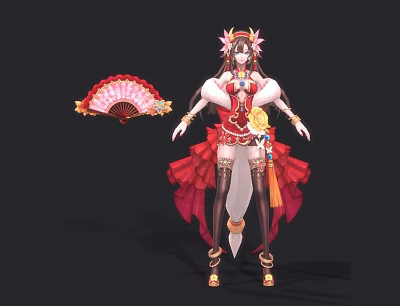 Fantasy Character In Red Elaborate Costume With Decorative Fan And Creature Details 3d model