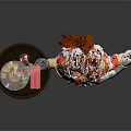 Robot Maid Character in Red White Outfit Holding Tray With Cup Dessert And Mechanical Arms