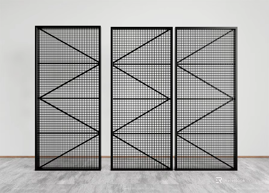 Modern Black Metal Room Divider With Geometric Grid Pattern And Three Panels 3d model 