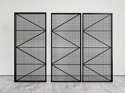 Modern Black Metal Room Divider With Geometric Grid Pattern And Three Panels 3d model