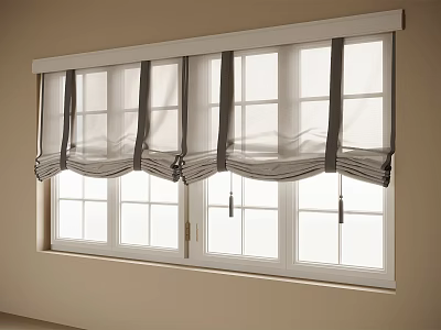 White Sheer Pleated Curtains With Gray Decorative Ties For Modern Indoor Window 3d model