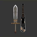 Two Ornate Swords With Silver Blades Golden Decorations Red Gemstone And Black Accents