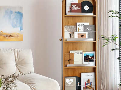 Modern Wooden Bookshelf In Living Room With Books Vinyl Records And Photo Frames 3d model