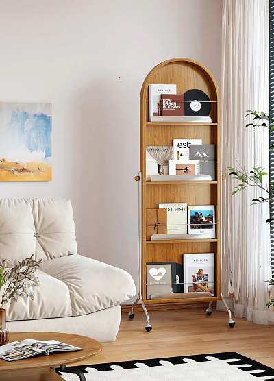 Modern Wooden Bookshelf In Living Room With Books Vinyl Records And Photo Frames 3d model