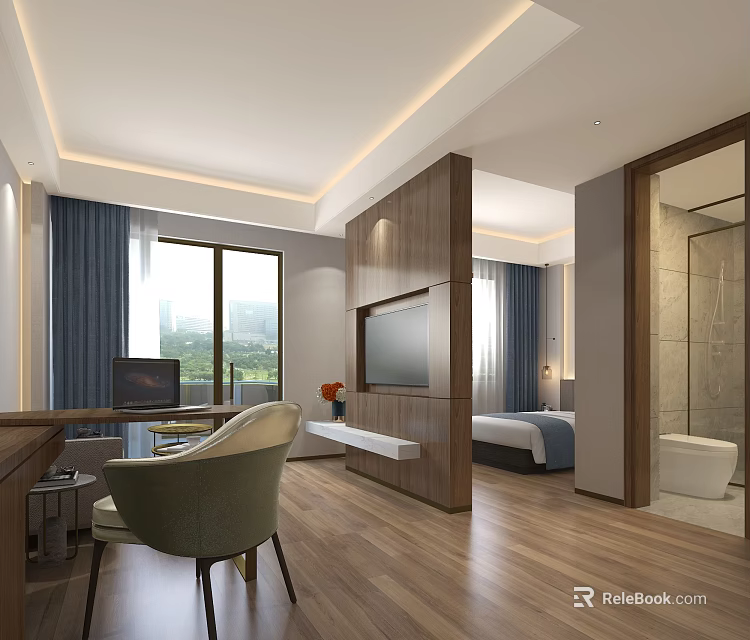 Modern Hotel Room Interior With Wooden Flooring Large Windows TV Work Desk And Bathroom Tub 3d model 