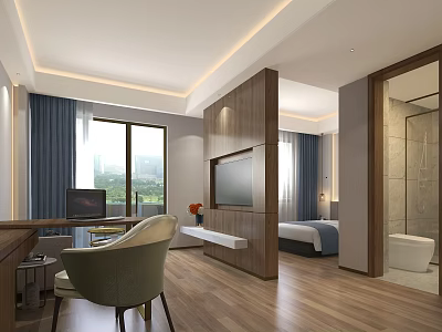 Modern Hotel Room Interior With Wooden Flooring Large Windows TV Work Desk And Bathroom Tub 3d model